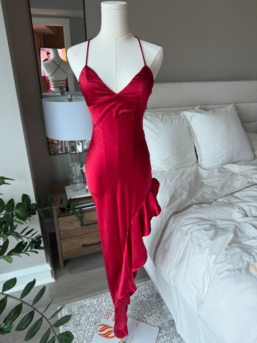 Babyboo Red Satin Asymmetrical Maxi Dress